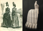 Similar bustle is made with specified form. Fabric is coarse calico (striped, black or ivory). Similar bustle has form of pleat for transportation
